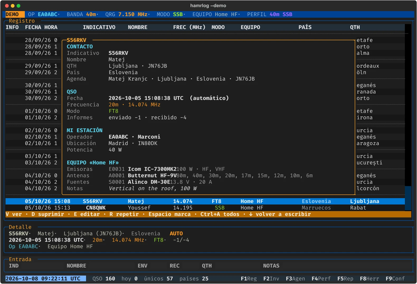 La ficha de un QSO en FT8 con S56RKV: el contacto, lo que dice la agenda, el QSO, mi estación y el equipo con su emisora, antena y fuente.