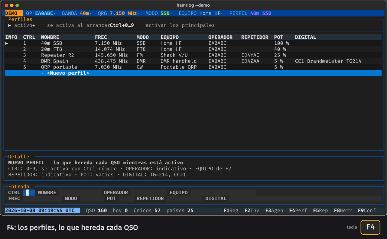 Animación: con F4 se crea el perfil 6, Llamada 2m, con el equipo Shack V/U, 145,500 MHz, FM y 25 W; se activa con Enter, se registra EA7JRB con él y se cambia a los perfiles 2 y 4 con Ctrl+2 y Ctrl+4.