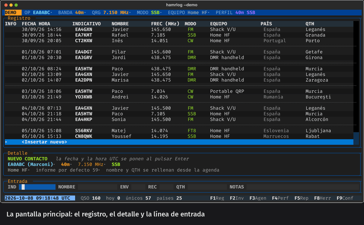Animación: se escribe EA4DGT y se registra con Enter; luego se registra F4KLM rellenando nombre, informes y QTH con Tab, se sube por el registro, se edita un QSO con E para añadir una nota y se cambia la frecuencia con /frec 14.250.