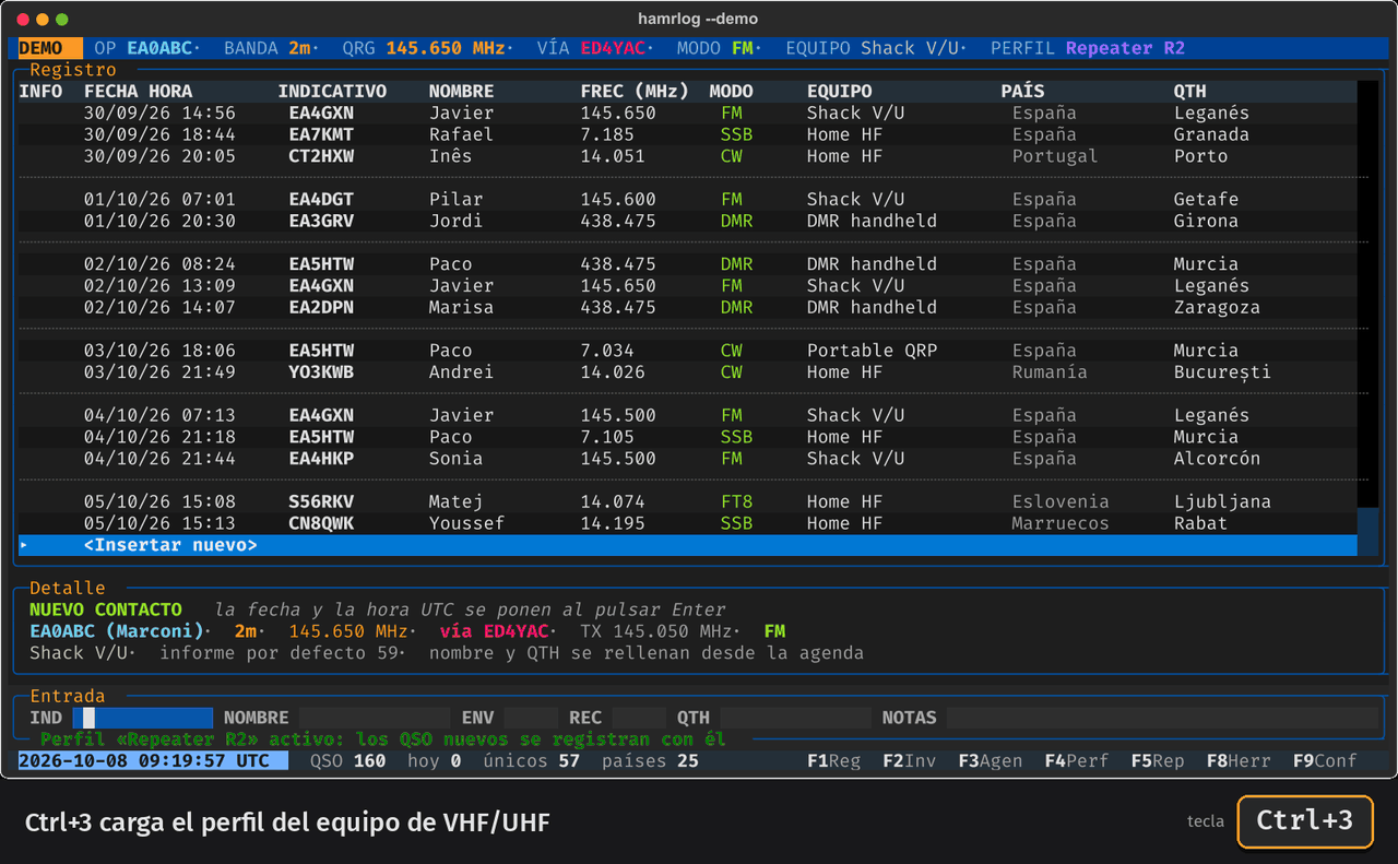 Animación: con Ctrl+3 se carga el perfil de VHF, con F5 se abren los repetidores, se buscan los de Sevilla, se sintoniza ED7YAP (R2) con Enter y se registra EA7FLW a través de él.